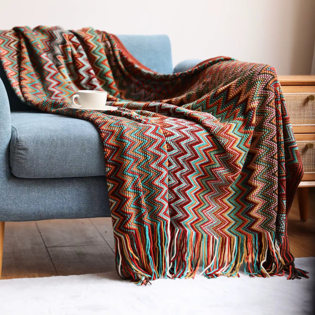 Chevron Knit Throw Blanket with Tassels