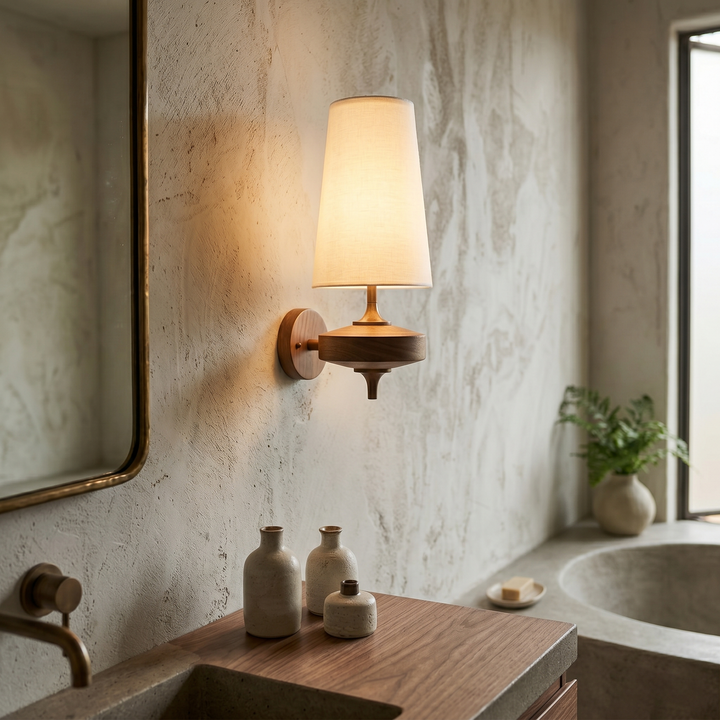 Wandlamp Met Stoffen Kap En Houten-effect Armatuur